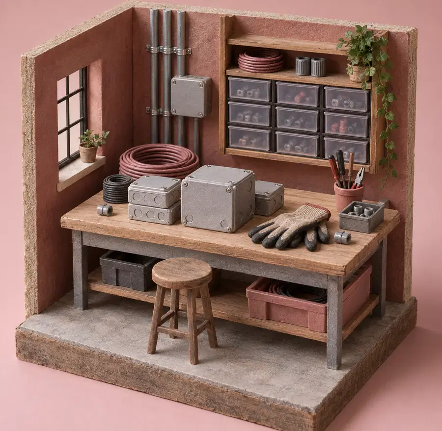 Illustration of electrical contractors equipment and workspace