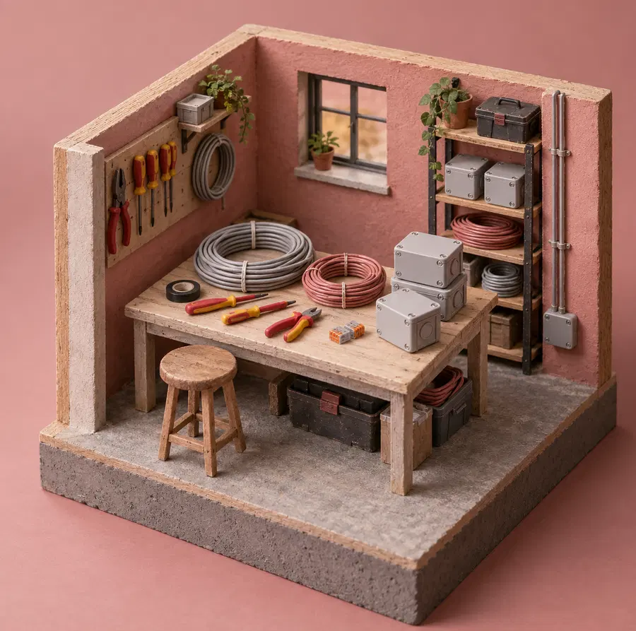 Illustration of electrical contractors equipment and workspace